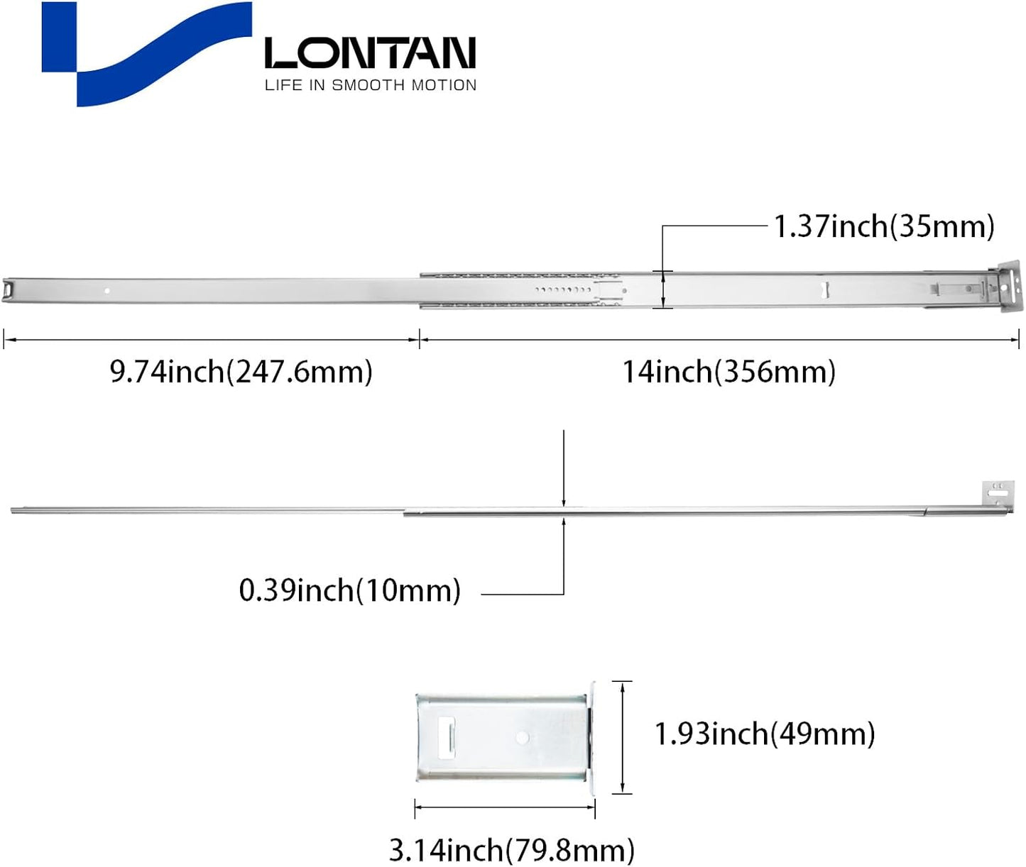 LONTAN 1 Pcs Center Mount Drawer Slides Bottom Mount for Cabinet and Dresser 14 Inch Heavy Duty Drawer Rails 9.74" Extension Glide Track