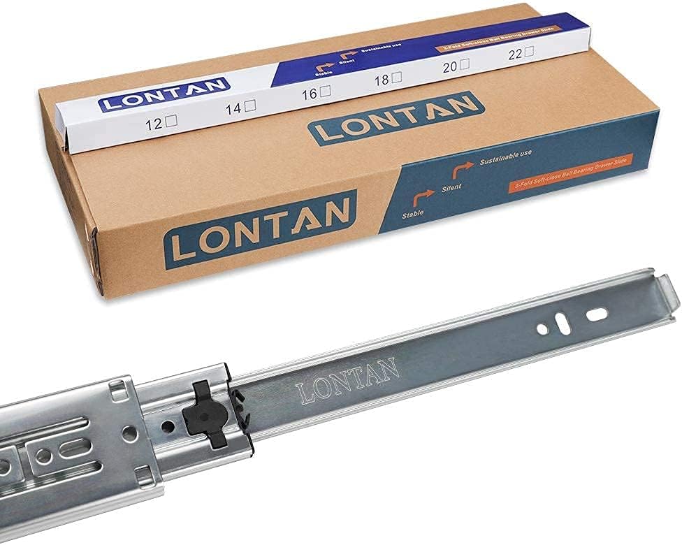 LONTAN 1 Pair 22 Inch Side Mount Soft Close Drawer Slides 3 FOLD Full Extension Drawer Glides - 4502S3-22 Heavy Duty Ball Bearing Cabinet Rails with Rear Mounting Brackets 100 LB Capacity