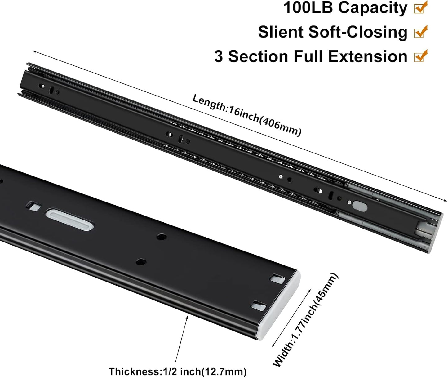 LONTAN 10 Pair Soft Close Drawer Slides 16 Inch Black Heavy Duty Dresser Drawer Glides Full Extension Ball Bearing Cabinet Rails 100LB Capacity