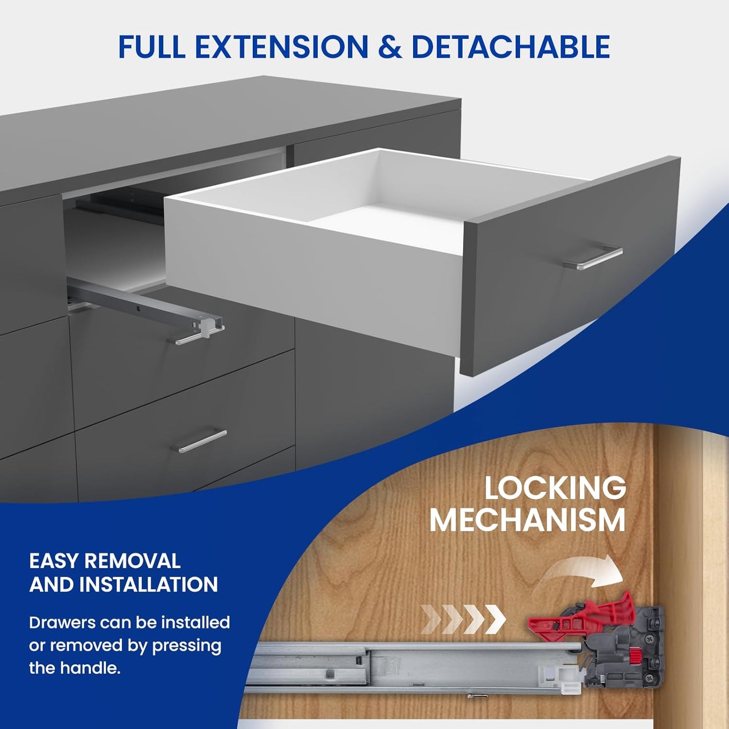 LONTAN Undermount Soft Close Drawer Slides 21 Inch Hidden Bottom Mount Full Extension Cabinet Rails with Rear mounting Bracket and Locking Devices 1 Pair Concealed Drawer Runners 100lb Load Capacity