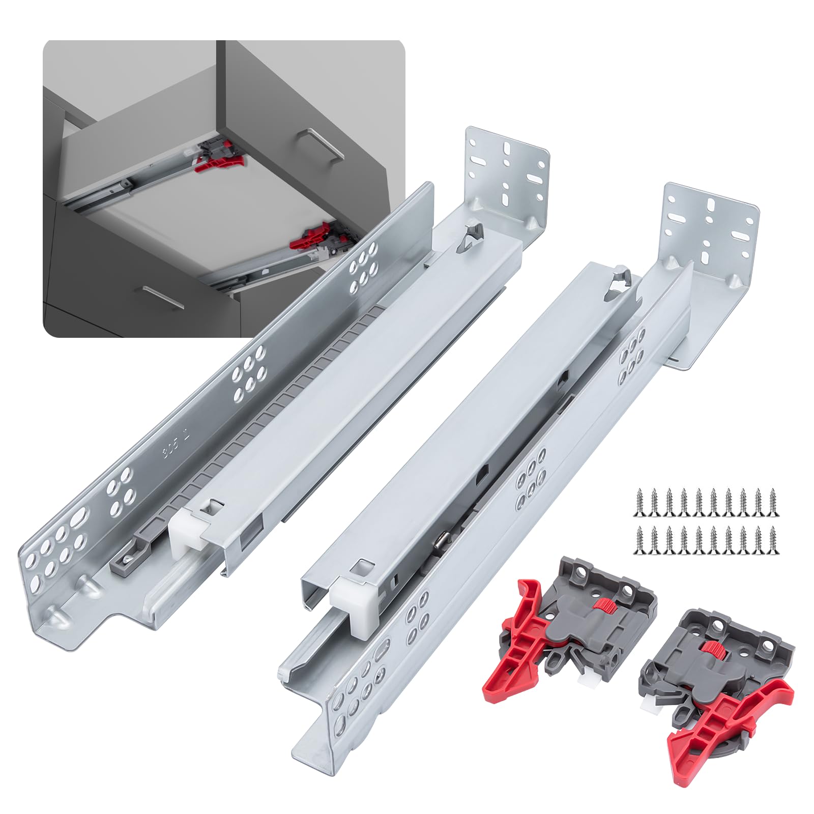 LONTAN Undermount Soft Close Drawer Slides 21 Inch Hidden Bottom Mount Full Extension Cabinet Rails with Rear mounting Bracket and Locking Devices 1 Pair Concealed Drawer Runners 100lb Load Capacity