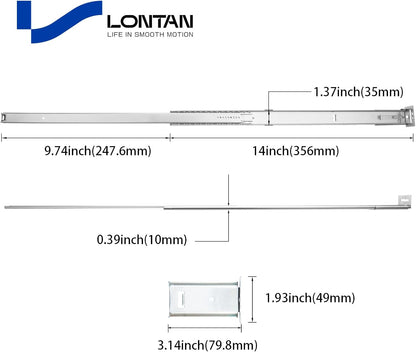 LONTAN 1 Pcs Center Mount Drawer Slides Bottom Mount for Cabinet and Dresser 14 Inch Heavy Duty Drawer Rails 9.74" Extension Glide Track