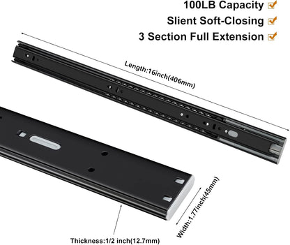 LONTAN 10 Pair Soft Close Drawer Slides 16 Inch Black Heavy Duty Dresser Drawer Glides Full Extension Ball Bearing Cabinet Rails 100LB Capacity