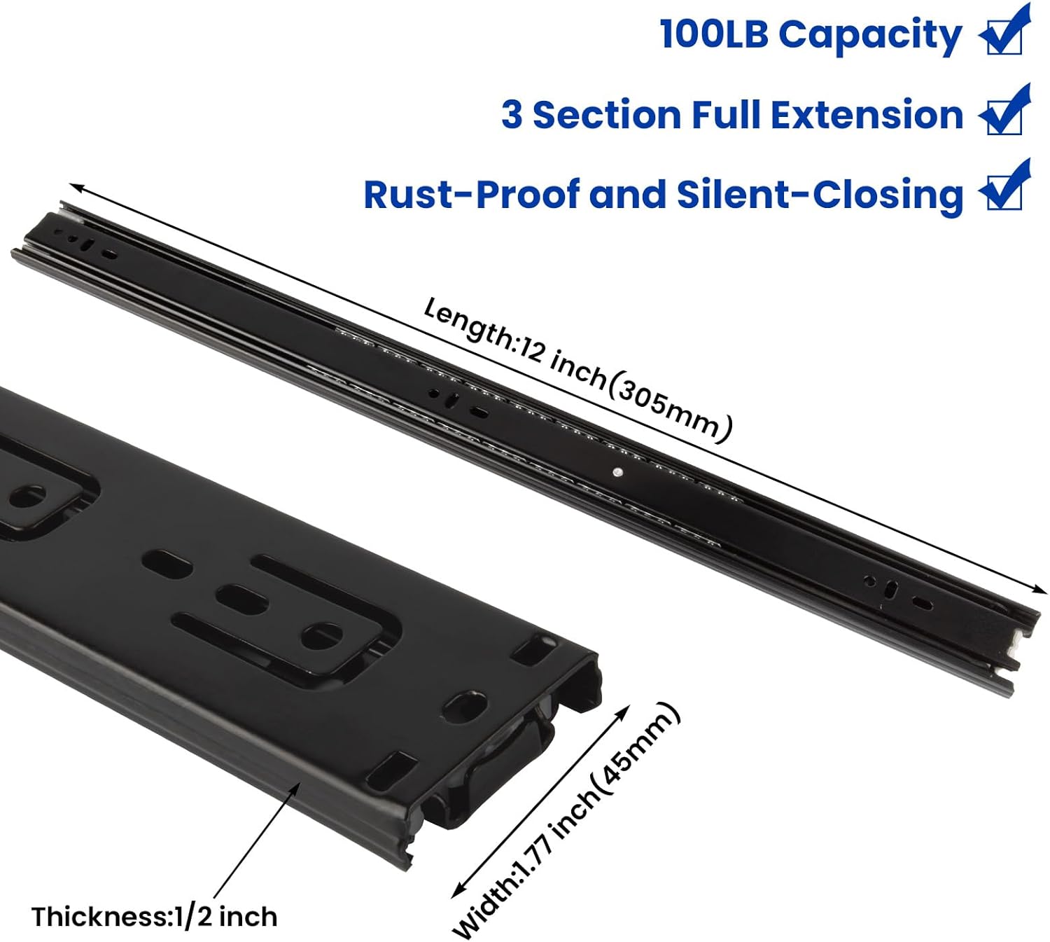 LONTAN 12 Inch Full Extension Ball Bearing Drawer Slides 1 Pair Side Mount Cabinet Rails Tool Box Trash Can Glides Black Heavy Duty Kitchen Drawer Runners 100LB Capacity