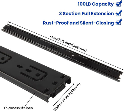 LONTAN 12 Inch Full Extension Ball Bearing Drawer Slides 1 Pair Side Mount Cabinet Rails Tool Box Trash Can Glides Black Heavy Duty Kitchen Drawer Runners 100LB Capacity