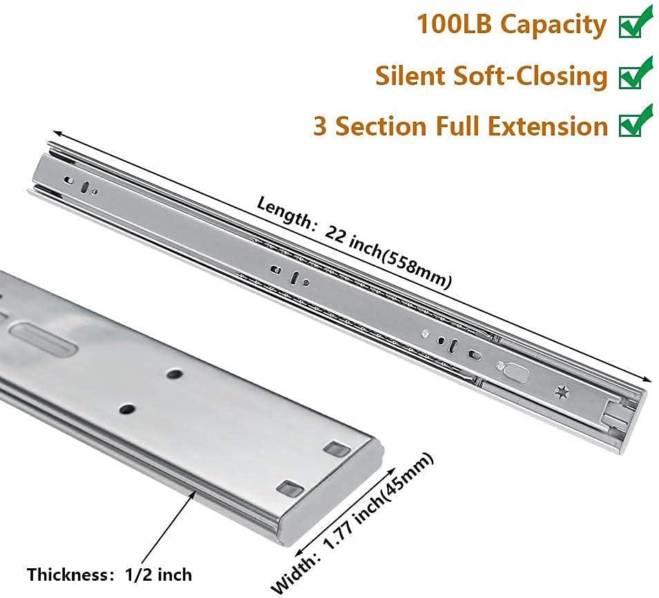 LONTAN 1 Pair 22 Inch Side Mount Soft Close Drawer Slides 3 FOLD Full Extension Drawer Glides - 4502S3-22 Heavy Duty Ball Bearing Cabinet Rails with Rear Mounting Brackets 100 LB Capacity