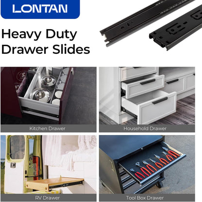 LONTAN 12 Inch Full Extension Ball Bearing Drawer Slides 1 Pair Side Mount Cabinet Rails Tool Box Trash Can Glides Black Heavy Duty Kitchen Drawer Runners 100LB Capacity