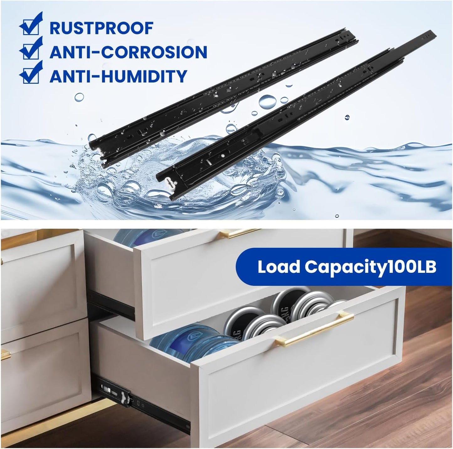 LONTAN 12 Inch Full Extension Ball Bearing Drawer Slides 1 Pair Side Mount Cabinet Rails Tool Box Trash Can Glides Black Heavy Duty Kitchen Drawer Runners 100LB Capacity