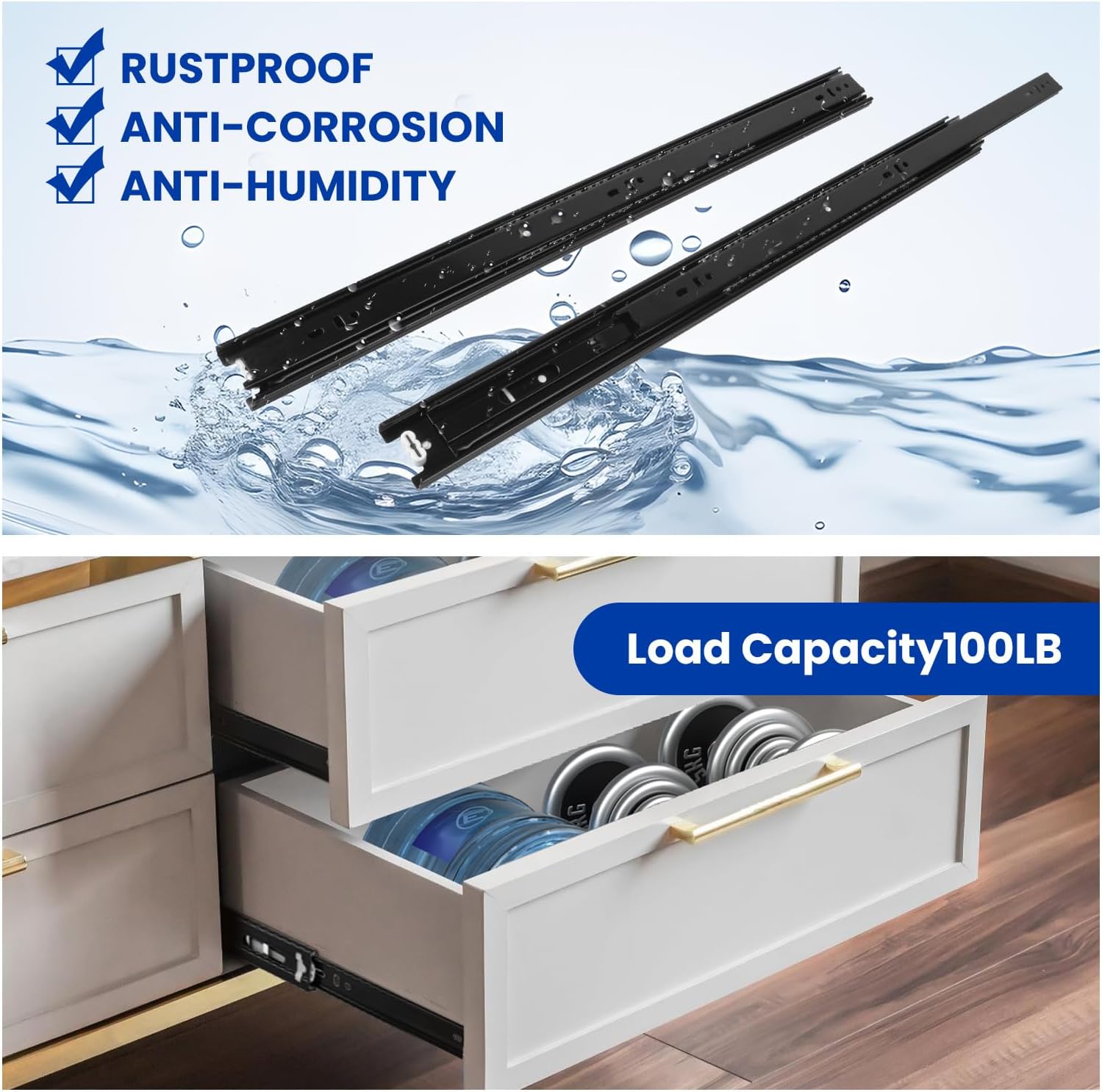 LONTAN 12 Inch Full Extension Ball Bearing Drawer Slides 1 Pair Side Mount Cabinet Rails Tool Box Trash Can Glides Black Heavy Duty Kitchen Drawer Runners 100LB Capacity